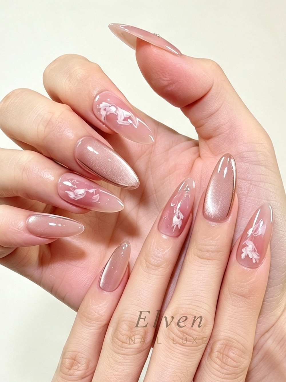 Elegant Pink Cat Eye Nude Almond Press On Nails With Hand Drawn White Floral
